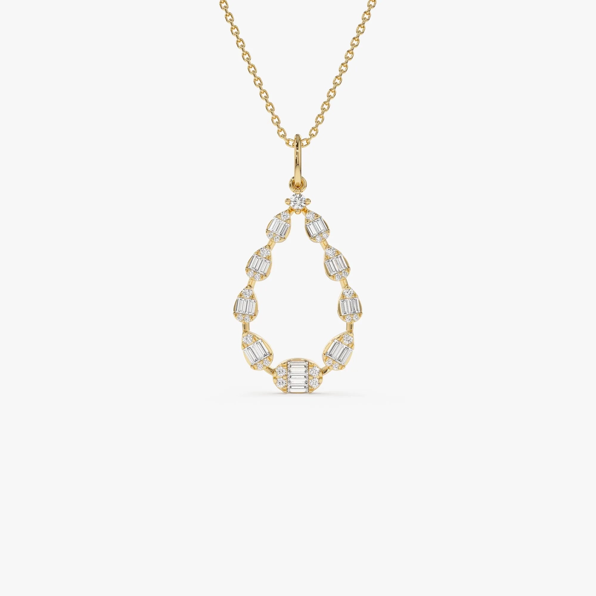 14K Solid Gold Round and Baguette Diamond Pear Shape Pendant Necklace 0.47ctw