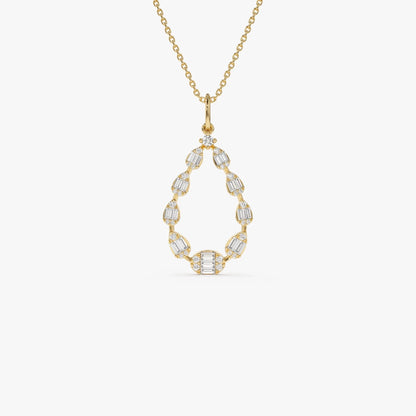 14K Solid Gold Round and Baguette Diamond Pear Shape Pendant Necklace 0.47ctw