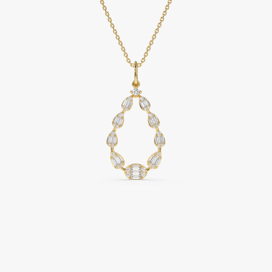 14K Solid Gold Round and Baguette Diamond Pear Shape Pendant Necklace 0.47ctw