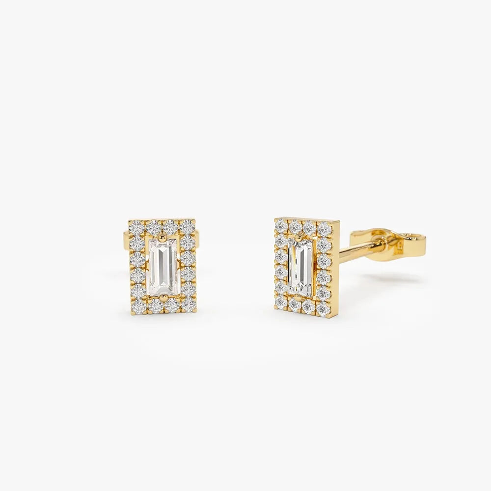 14k Gold Diamond Baguette and Round Cut Halo Setting Stud Earrings 0.45 ctw