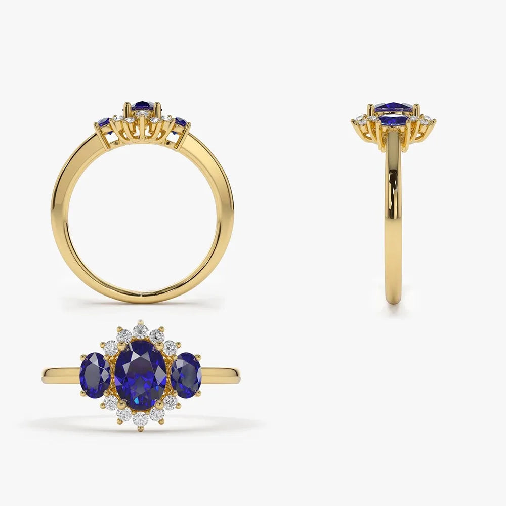 14k Gold Sapphire and Diamond Oval Cut Three Stone Cluster Ring 1.41 ctw