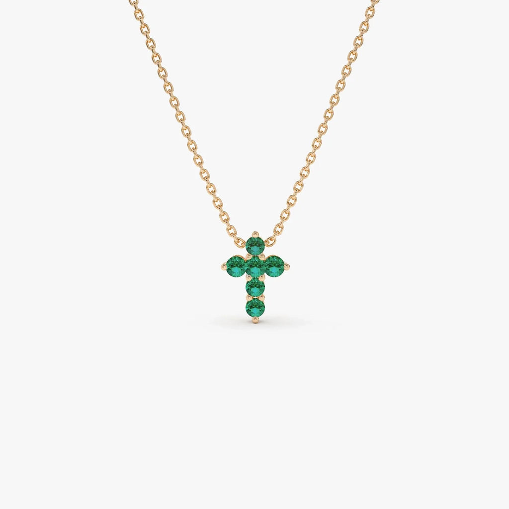 14k Solid Gold Round Emerald 0.18 CTW Tiny Cross Pendant Necklace Prong Setting