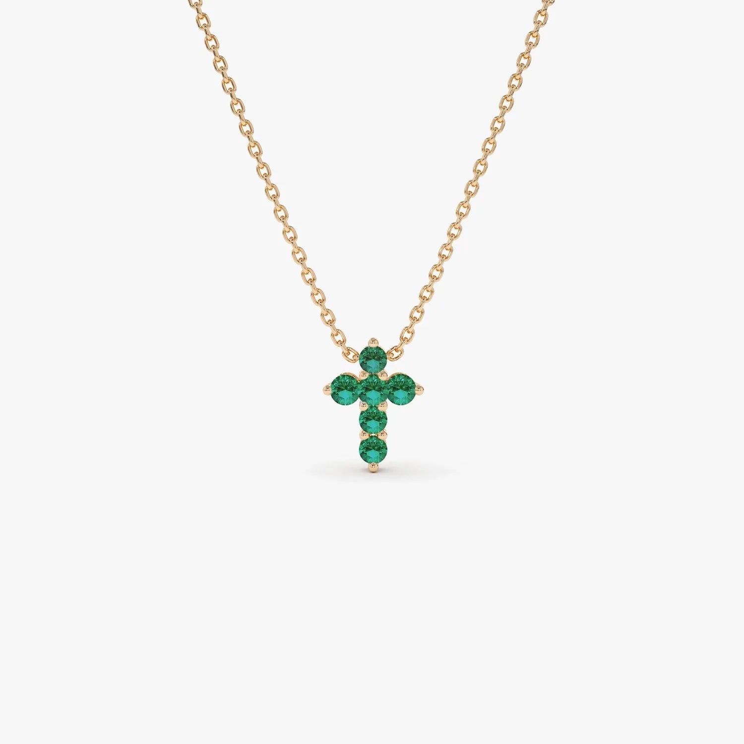 14k Solid Gold Round Emerald 0.18 CTW Tiny Cross Pendant Necklace Prong Setting