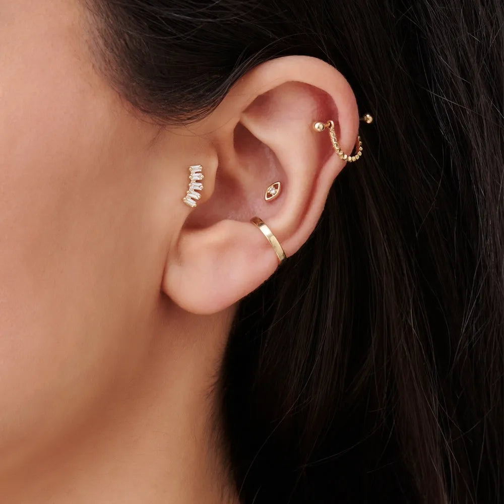 14k Gold Diamond Baguette Cut Curved Helix Piercing Single Earring 0.15 ctw