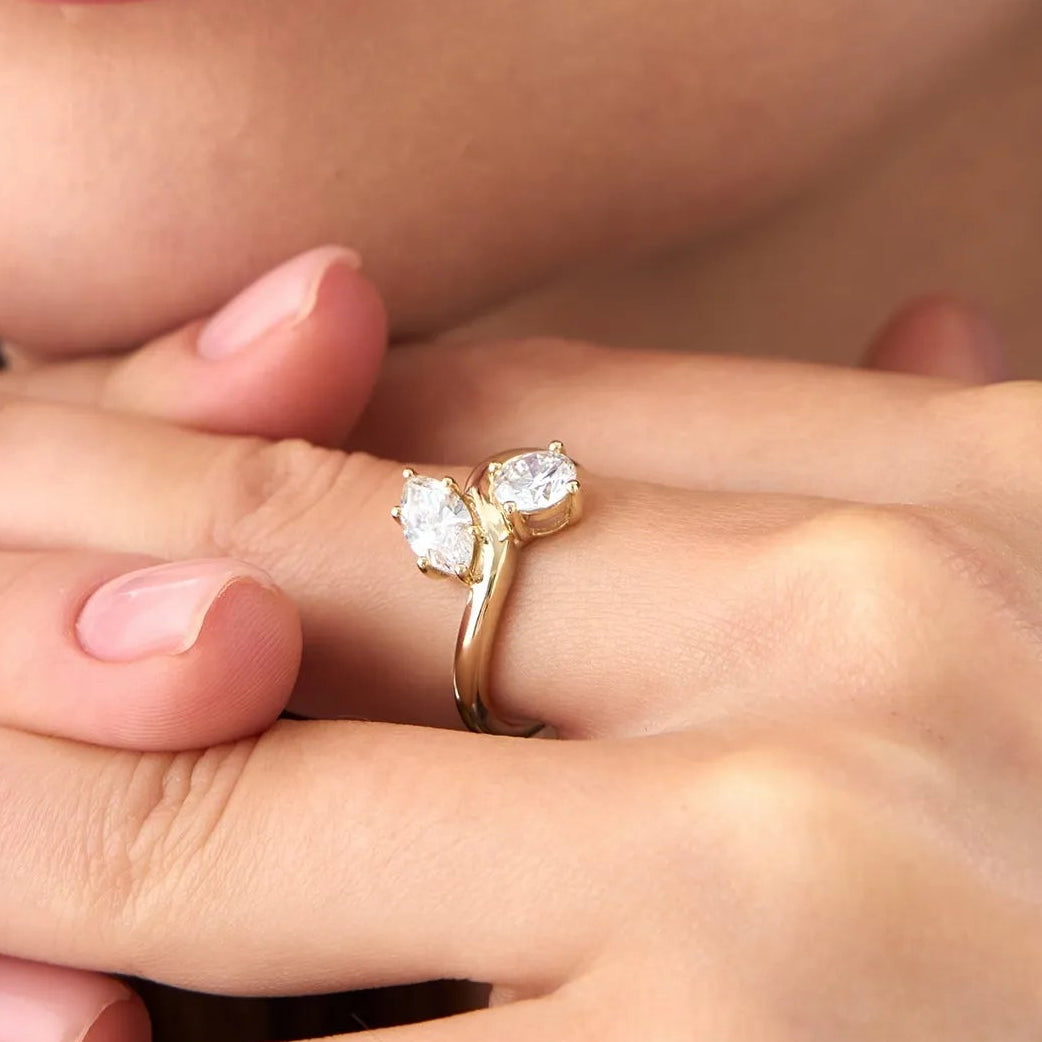 14K Gold Lab Grown Diamond Marquise and Round 1.50 CTW Two Stone Toi et Moi Ring