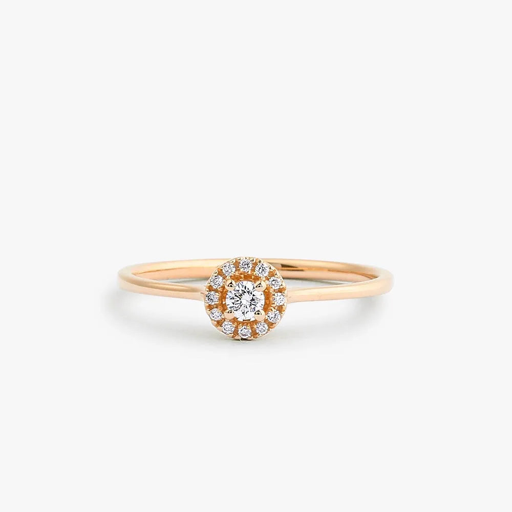 14K Solid Gold 0.12 Ctw Baguette and Round Diamond Micro Pave Halo Ring