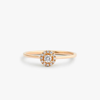14K Solid Gold 0.12 Ctw Baguette and Round Diamond Micro Pave Halo Ring