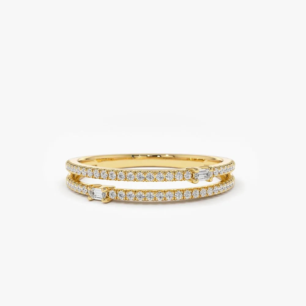 14k Gold Baguette and Round Diamond 0.29 CTW Double Row Micro Pave Statement Ring