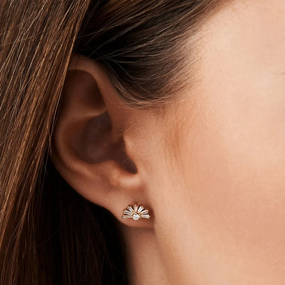 14k Gold Diamond Tapered Baguette Half Round Stud Earrings 0.28 ctw