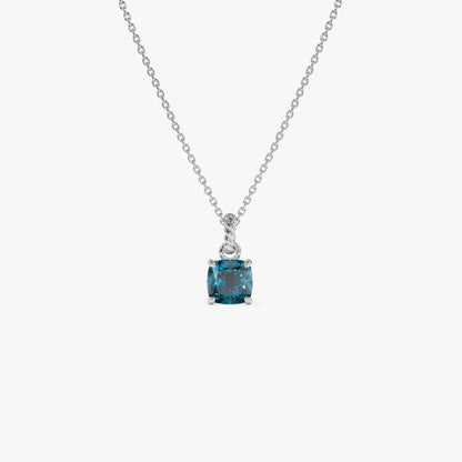 14k Solid Gold London Blue Topaz Cushion Cut Solitaire Necklace 1.20 Carat