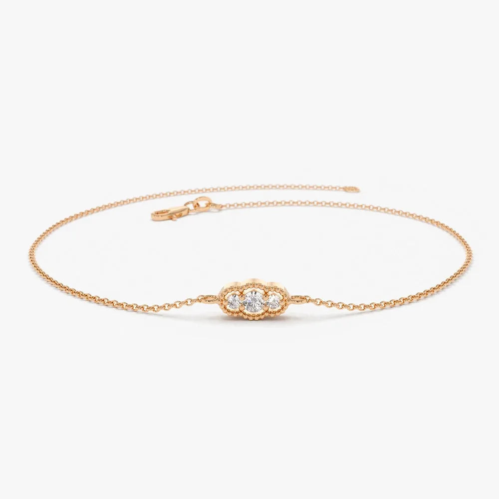 14K Solid Gold Round Diamond Art Deco Chain Bracelet Prong Setting 0.12 Carat