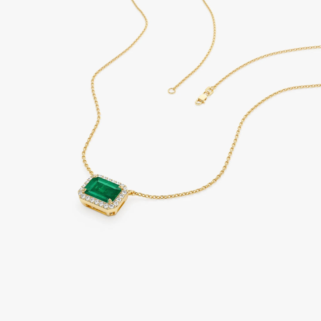 14k Solid Yellow Gold Octagon Emerald 1.02 CTW and Round Diamond 0.12 CTW Halo Pendant Necklace