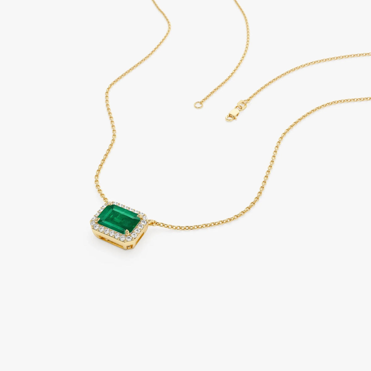 14k Solid Yellow Gold Octagon Emerald 1.02 CTW and Round Diamond 0.12 CTW Halo Pendant Necklace