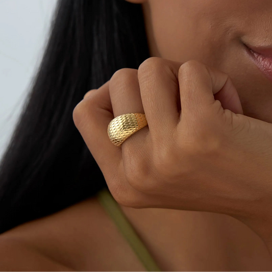 14k Solid Gold Chunky Snake Skin Texture Statement Ring