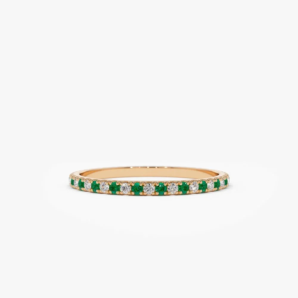 14K Solid Gold Round Emerald and Diamond Alternating Eternity Ring 0.36 CTW U Setting Micro Pave