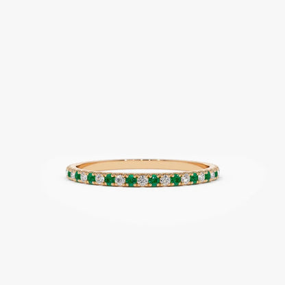 14K Solid Gold Round Emerald and Diamond Alternating Eternity Ring 0.36 CTW U Setting Micro Pave
