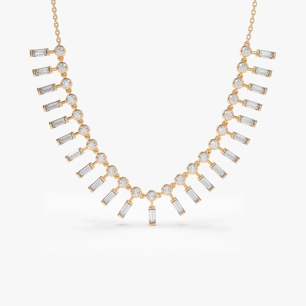 14K Solid Gold Baguette and Round Diamond Statement Necklace Bezel Set 1.75ctw