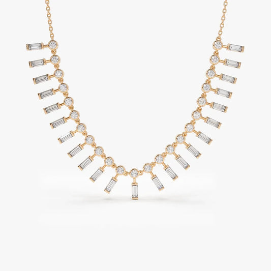 14K Solid Gold Baguette and Round Diamond Statement Necklace Bezel Set 1.75ctw