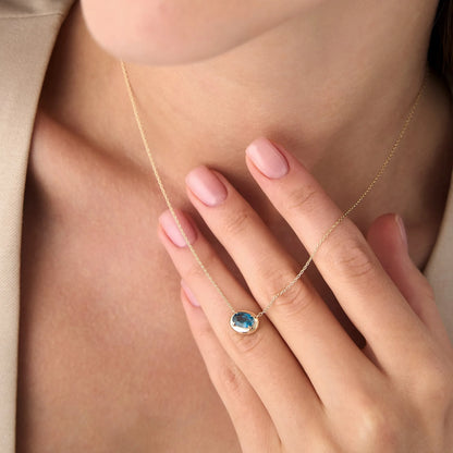 14k Solid Gold London Blue Topaz Oval Necklace 0.85 Carat Prong Setting