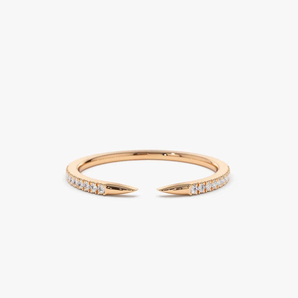14k Solid Gold Round Diamond Open Cuff Claw Pave Ring 0.10 Carat