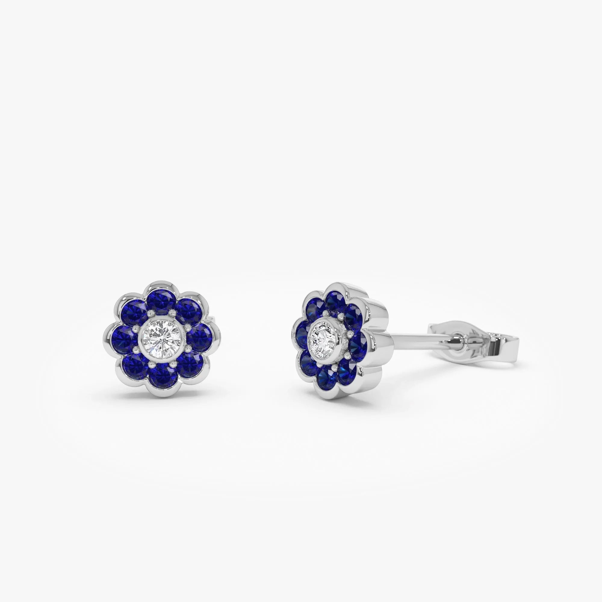 14k Solid Gold Round Blue Sapphire and Diamond Flower Bezel Set Stud Earrings 0.57 ctw