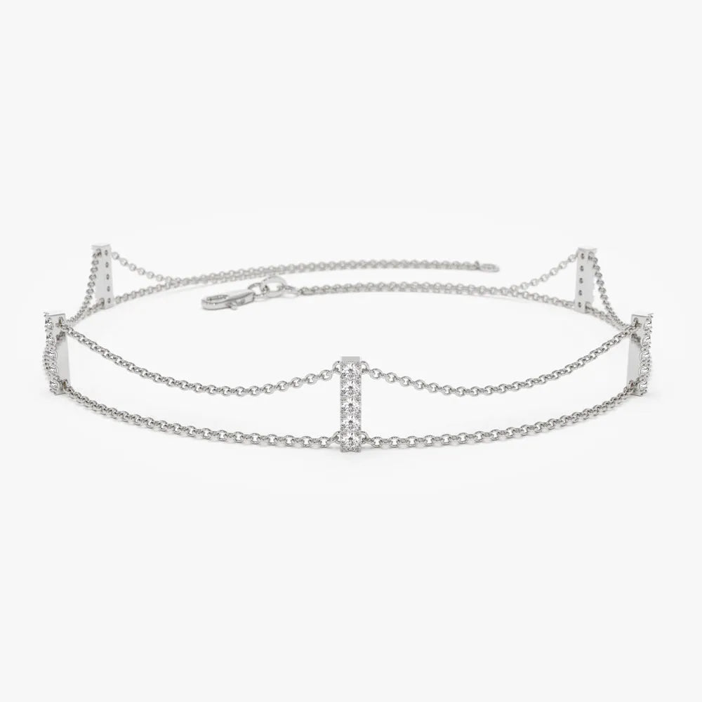 14K Solid Gold 0.15 CTW Round Diamond Five Station Bar Bracelet