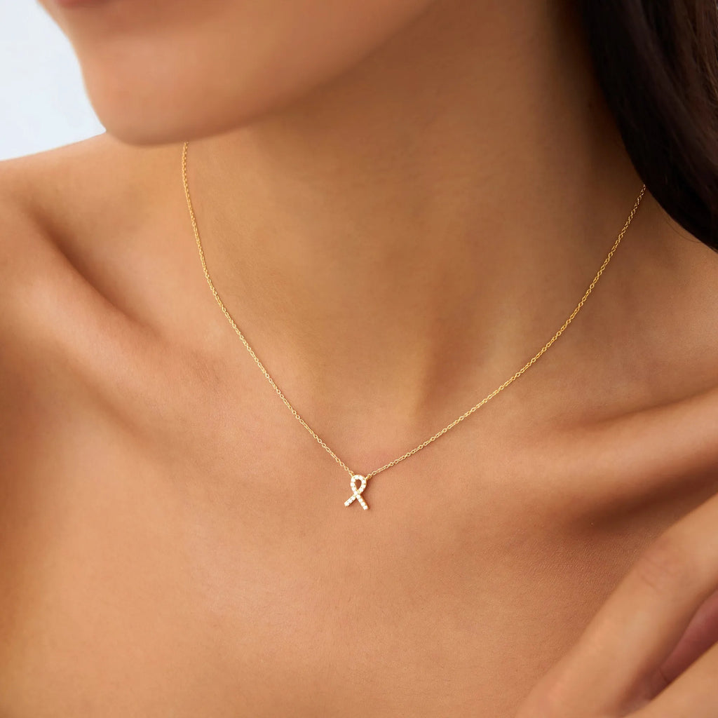 14K Solid Gold 0.08 CTW Round Diamond Ribbon Necklace