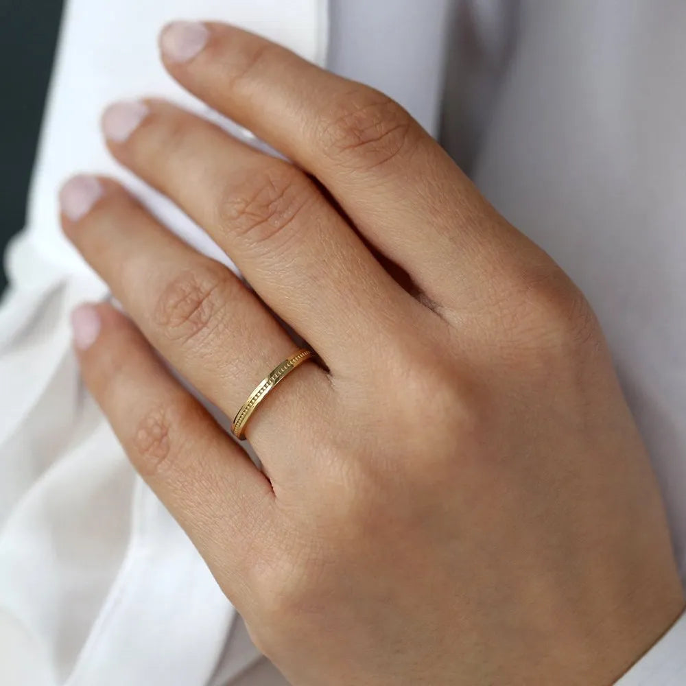 14K Solid Gold 2mm Beaded Stacking Wedding Band Ring