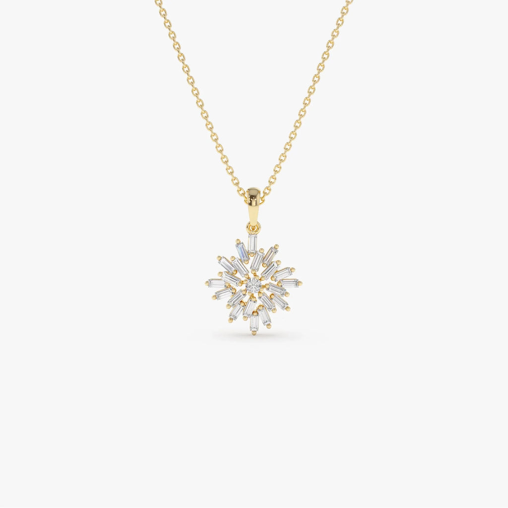 14K Solid Gold Baguette and Round Diamond Cluster Pendant Necklace Prong Setting 0.56ctw