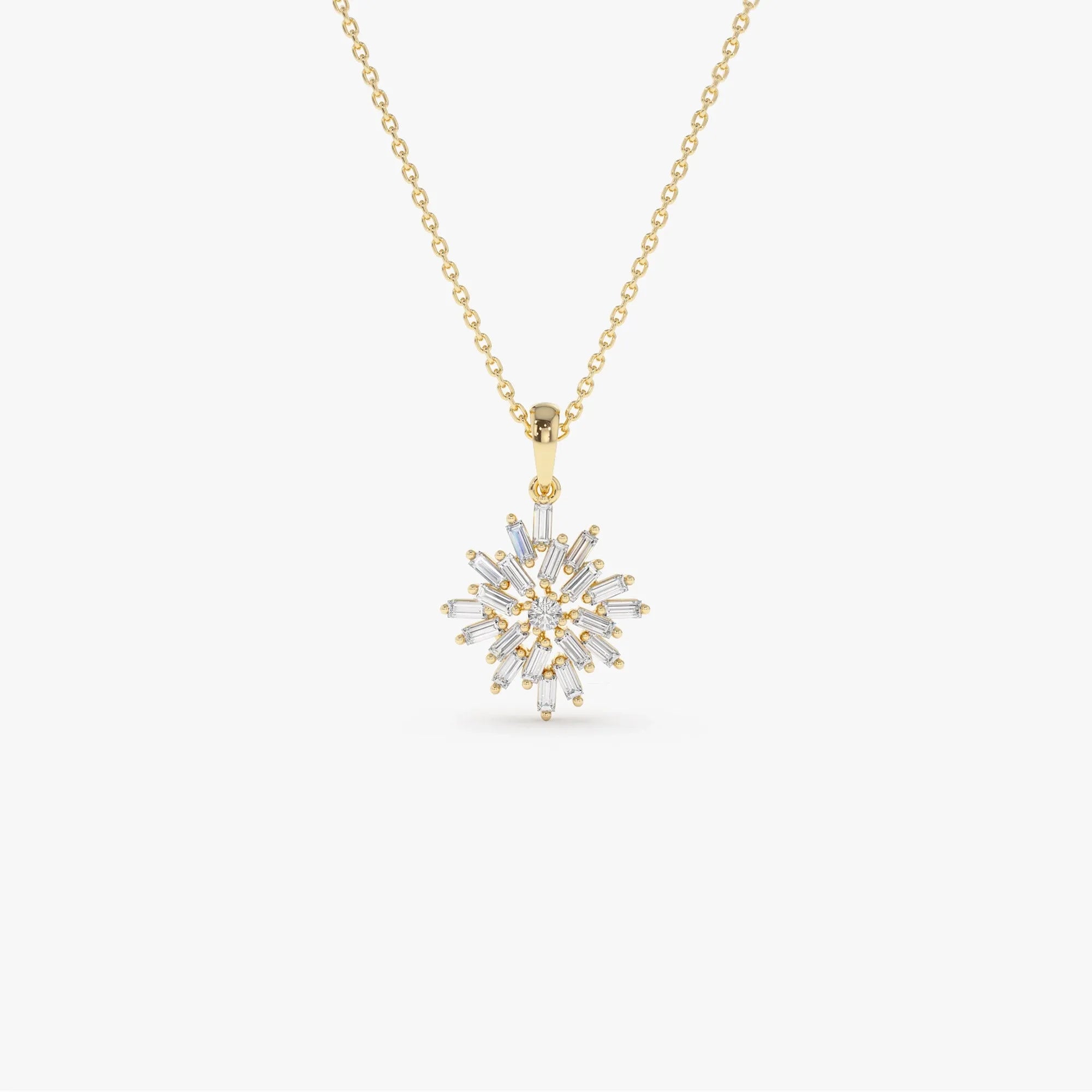 14K Solid Gold Baguette and Round Diamond Cluster Pendant Necklace Prong Setting 0.56ctw