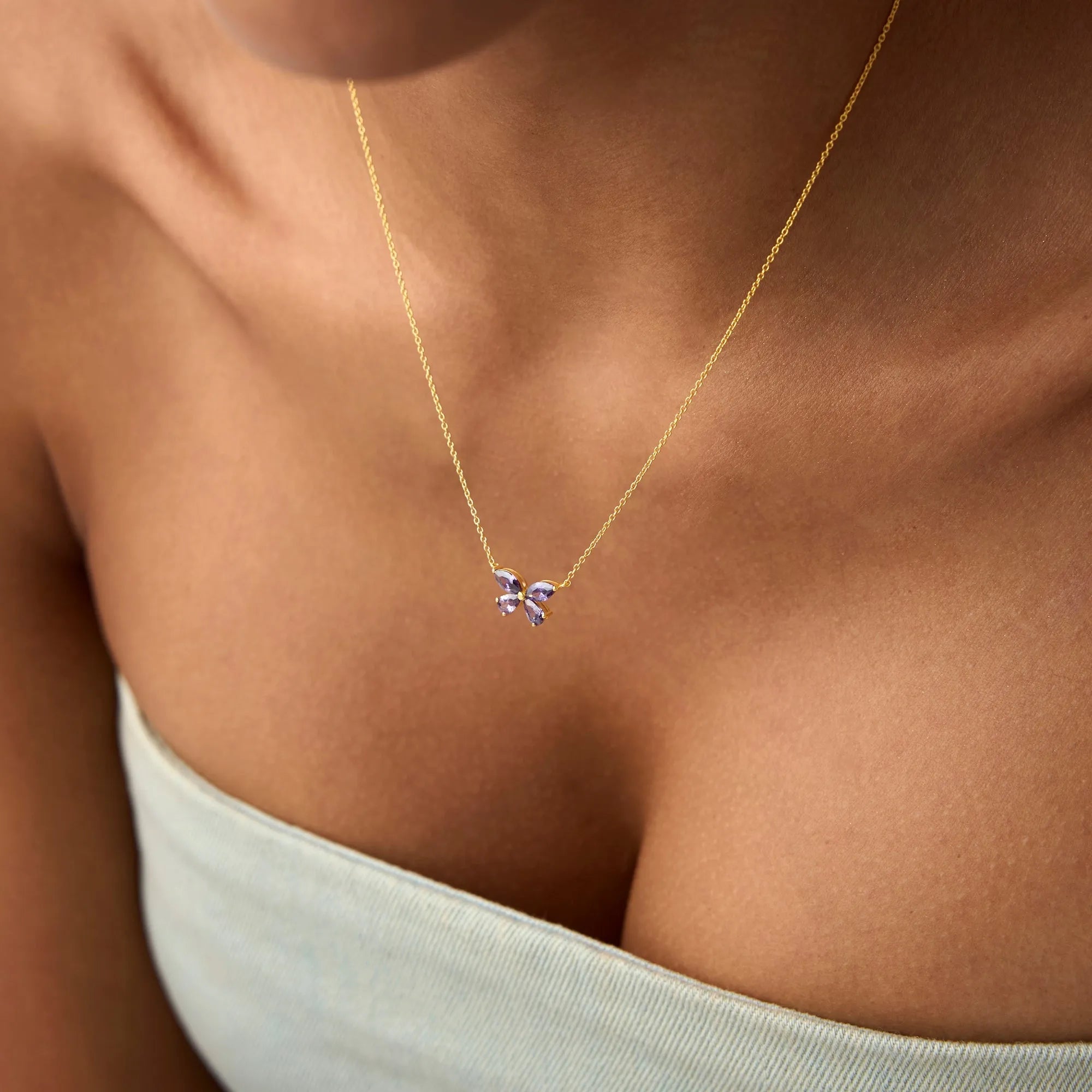 14k Solid Gold Amethyst Pear and Marquise Butterfly Necklace 0.85 Carat