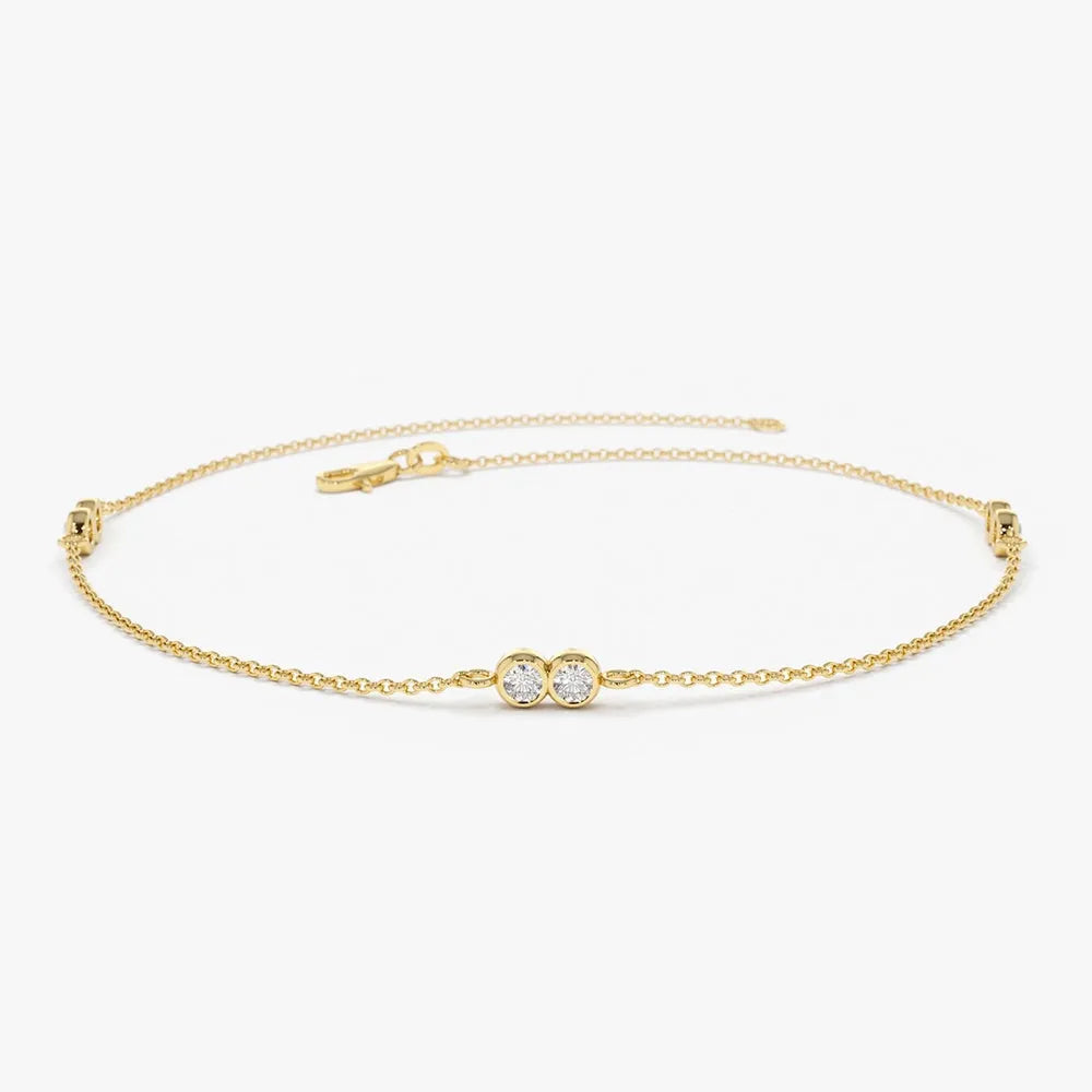 14K Solid Gold Round Diamond Double Station Chain Bracelet Bezel Setting 0.18 Carat