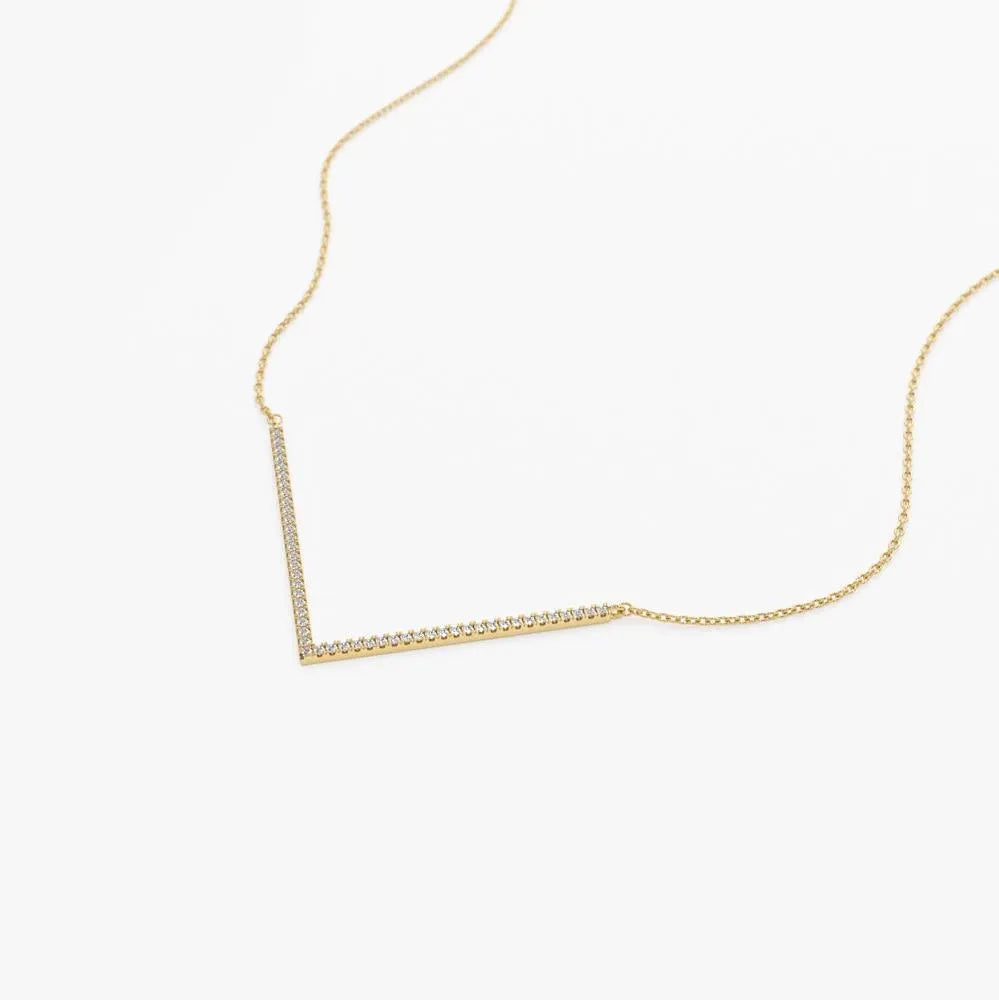 14K Solid Gold Round Diamond Micro Pave V Shaped Chevron Necklace 0.30ctw