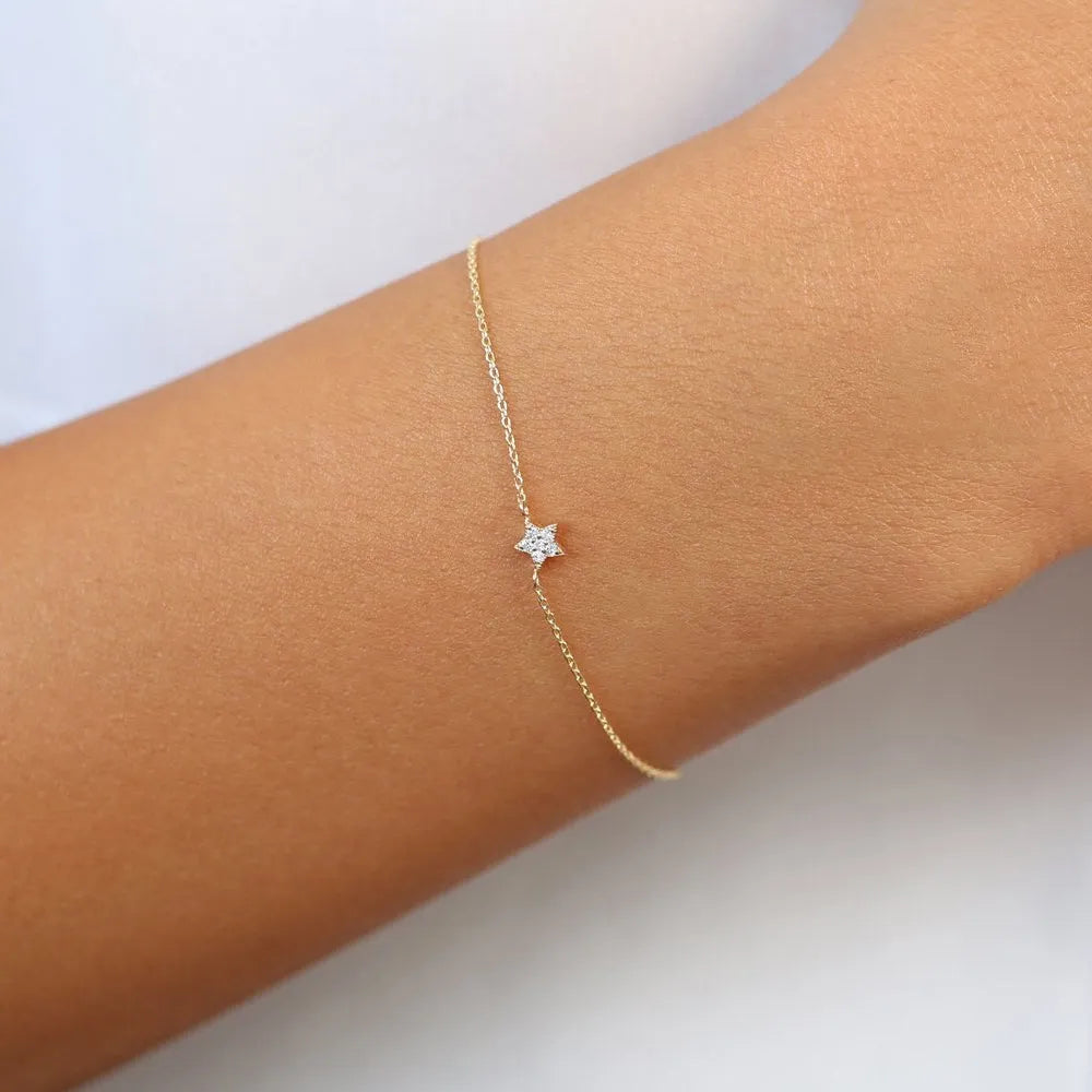 14K Solid Gold Round Diamond Star Charm Bracelet Micro Pave 0.06 Carat