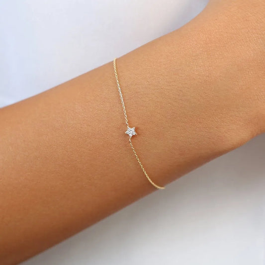 14K Solid Gold Round Diamond Star Charm Bracelet Micro Pave 0.06 Carat