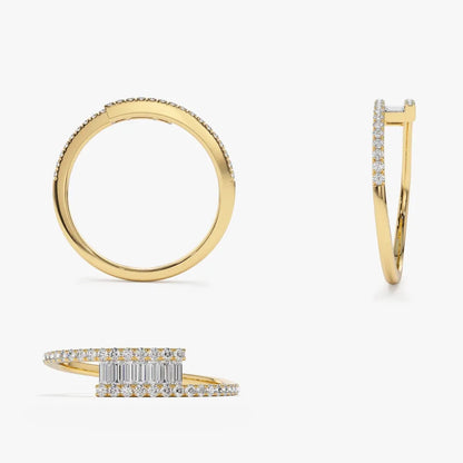 14K Gold 0.30 ctw Baguette and Round Diamond Crossover Pave Ring