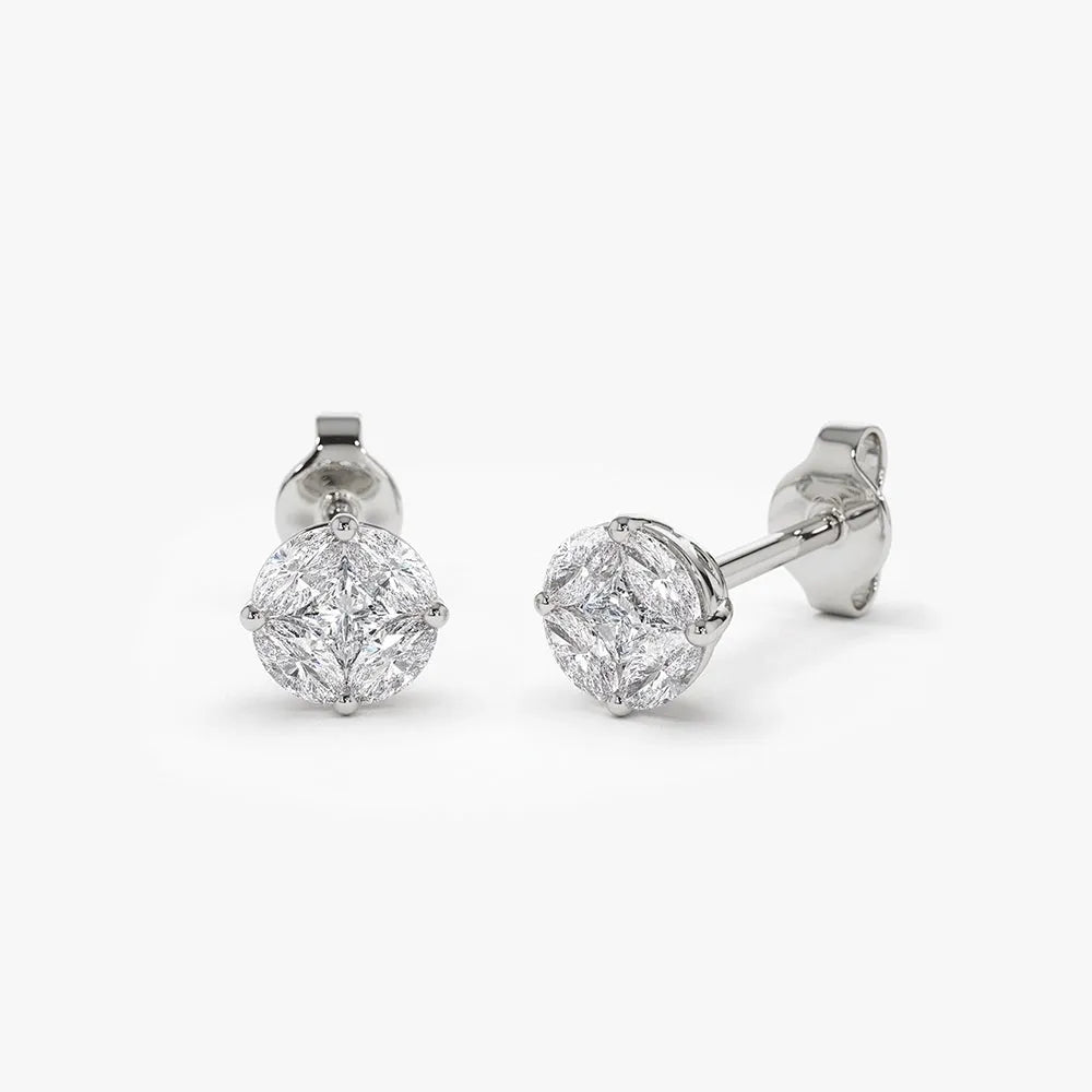 14k Gold Diamond Marquise and Princess Cut 5mm Illusion Setting Stud Earrings 0.45 ctw