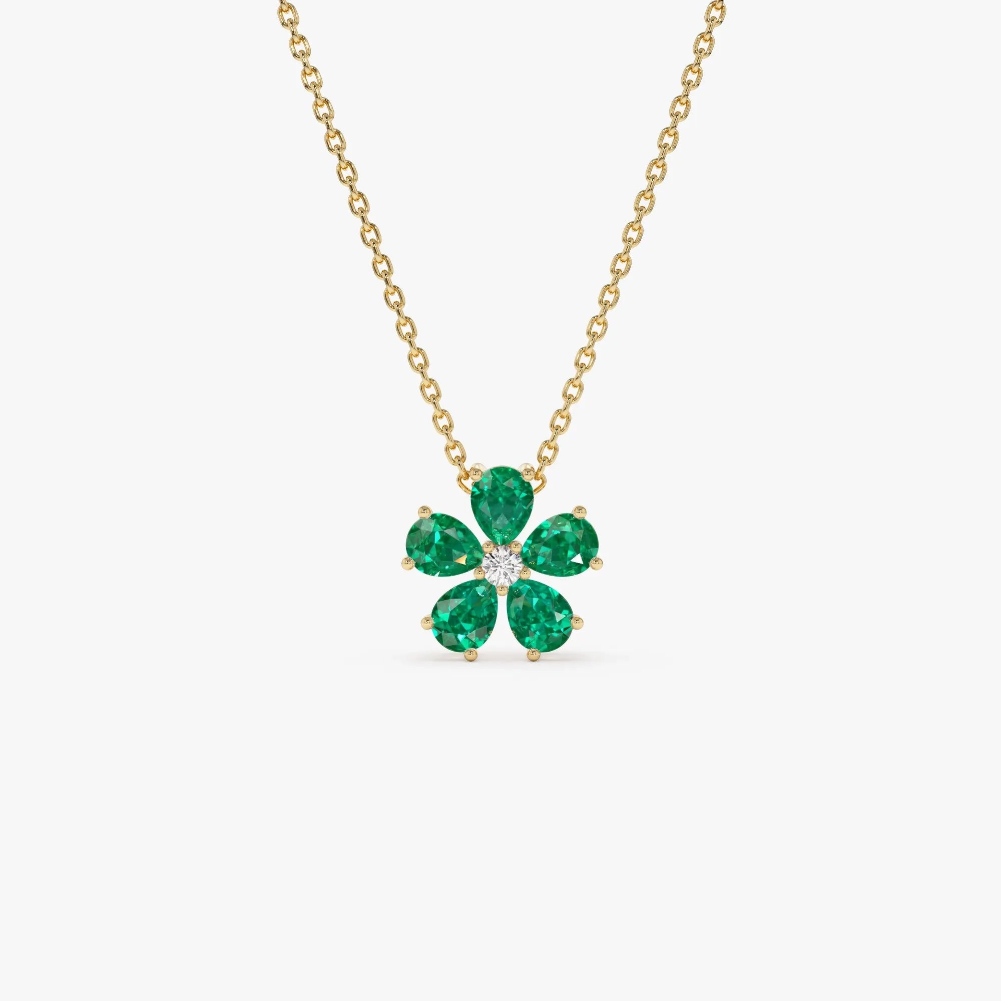 14k Solid Yellow Gold Pear Shape Emerald 0.65 CTW and Round Diamond 0.03 CTW Floral Flower Pendant Necklace