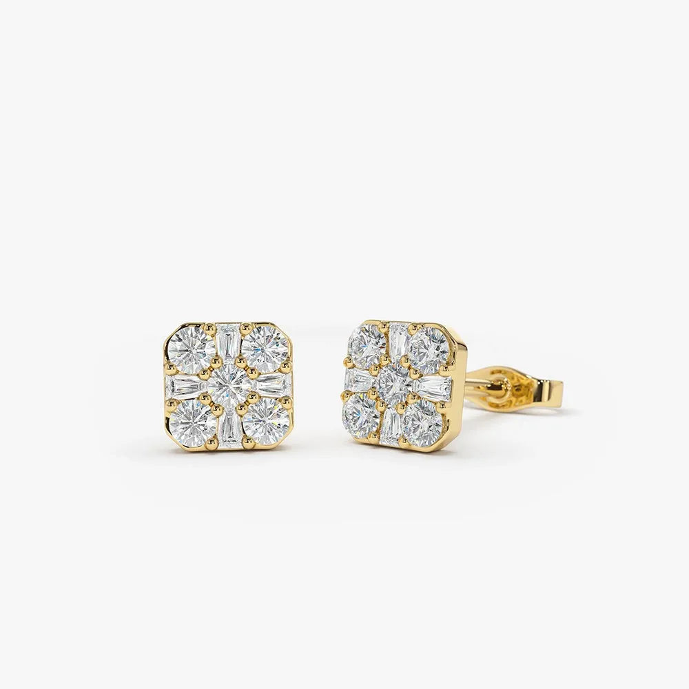 14k Gold Diamond Square Baguette and Round Cut Earrings 0.45 ctw