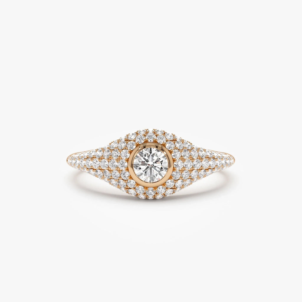 14k Solid Gold Round and Pear Diamond 0.75 Carat Pave Setting Signet Ring