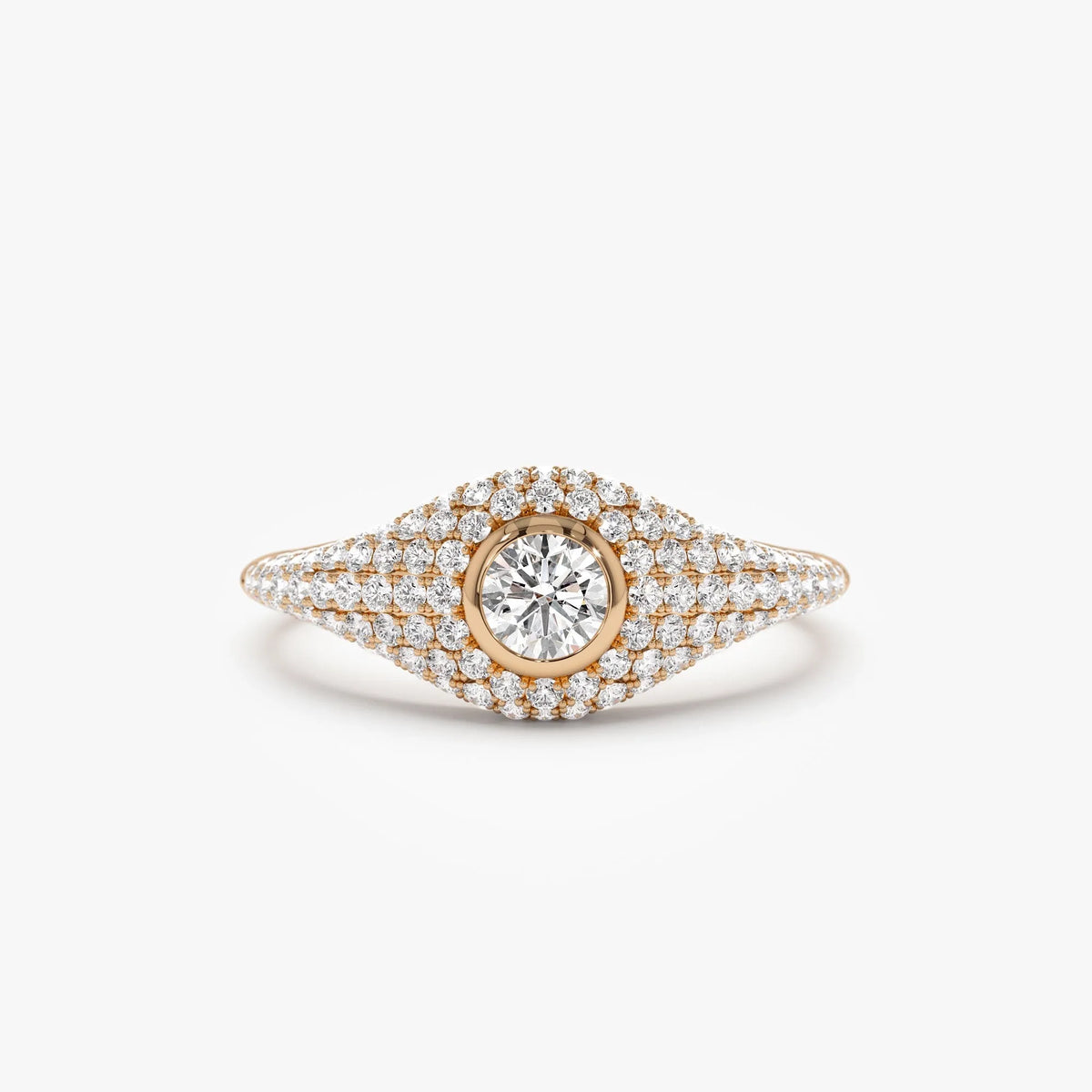 14k Solid Gold Round and Pear Diamond 0.75 Carat Pave Setting Signet Ring
