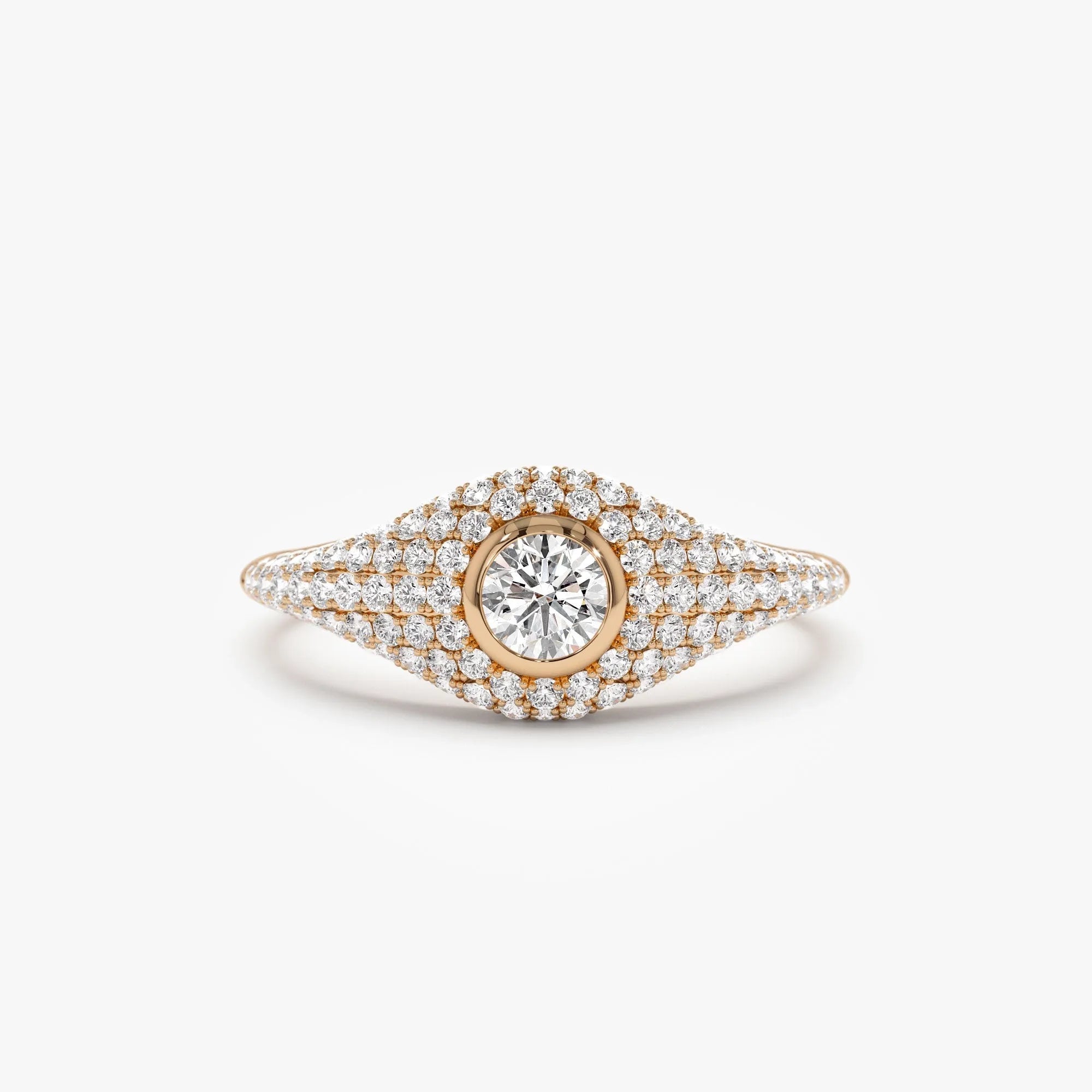 14k Solid Gold Round and Pear Diamond 0.75 Carat Pave Setting Signet Ring