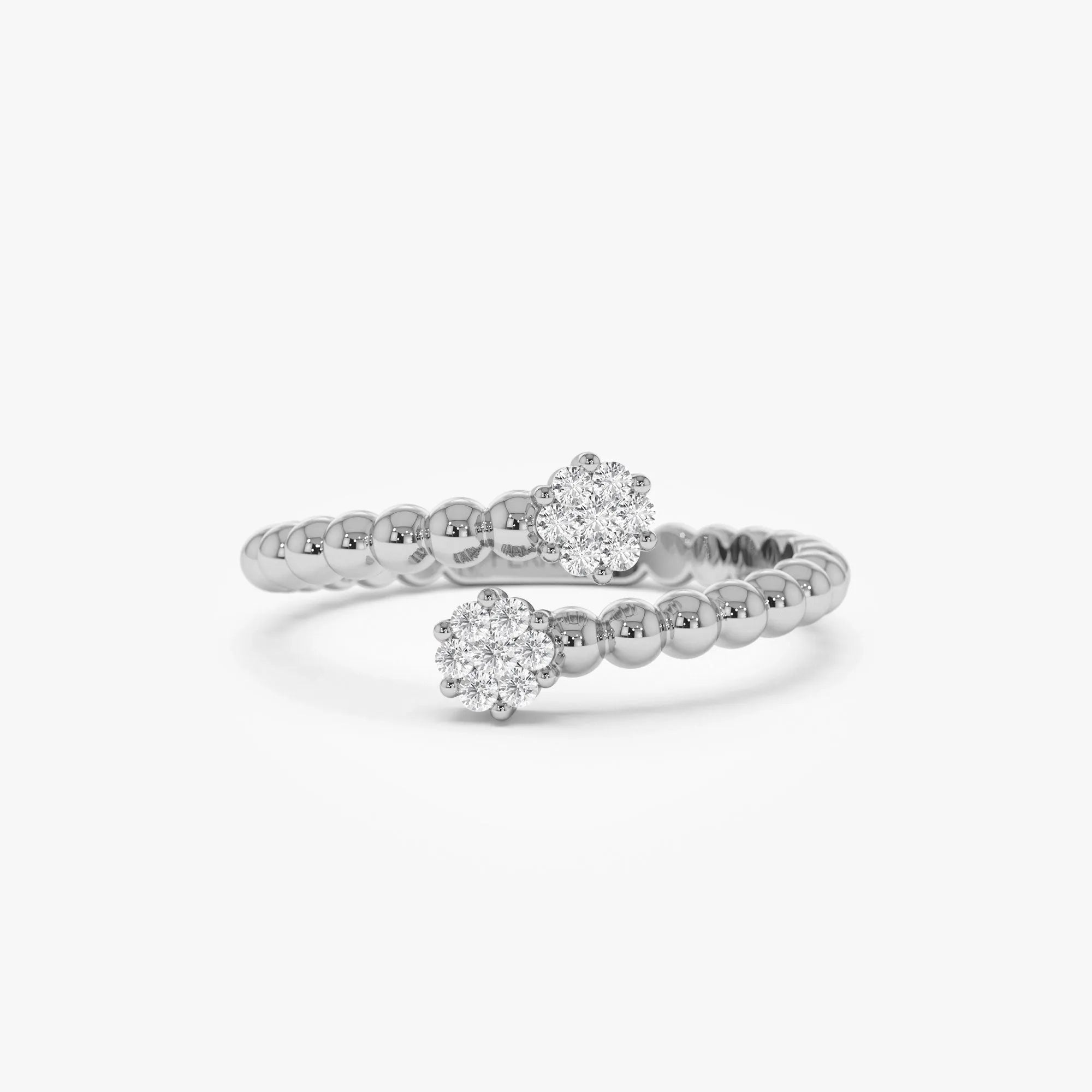 14k Solid Gold Round Diamond 0.14 ctw Beaded Open Bypass Illusion Ring