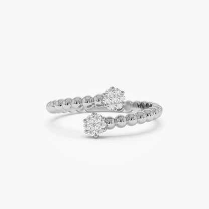 14k Solid Gold Round Diamond 0.14 ctw Beaded Open Bypass Illusion Ring