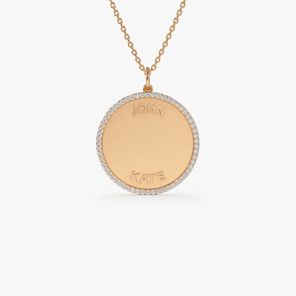 14K Solid Gold 0.25 CTW Round Diamond Personalized Medallion Necklace Prong Setting