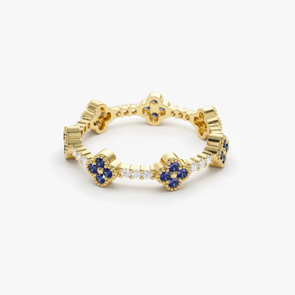 14k Gold Sapphire and Diamond Round Cut Clover Full Eternity Ring 0.45 ctw