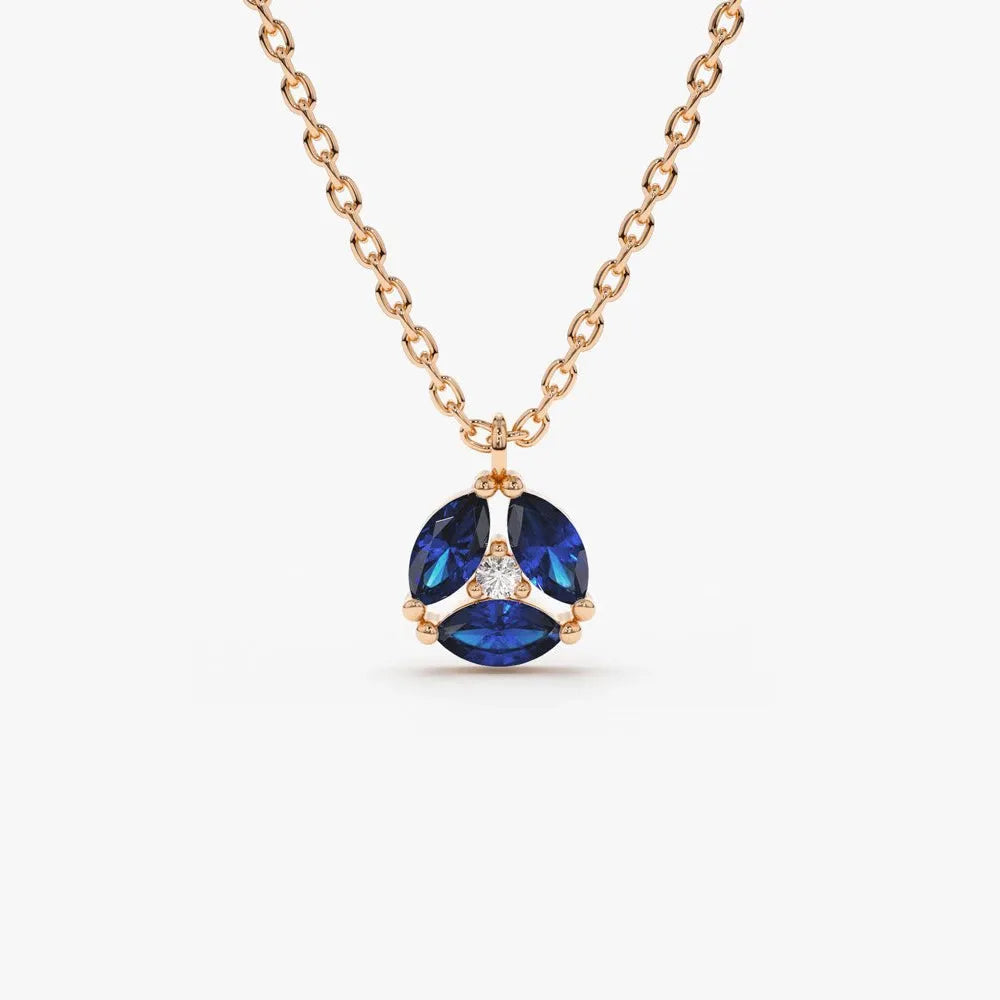 14k Solid Gold Marquise Sapphire 0.32 CTW and Round Diamond 0.01 CTW Cluster Necklace