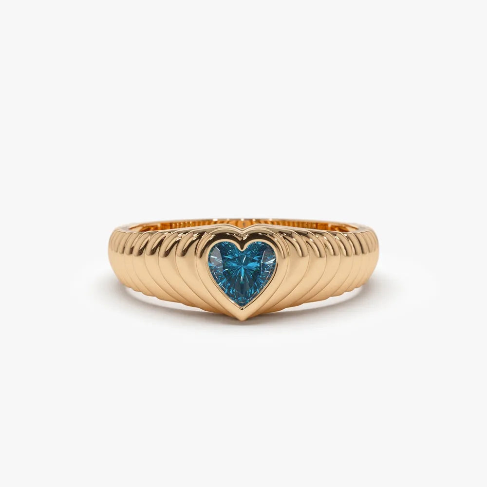 14K Solid Gold Heart Shape Blue Topaz 0.45 Carat Dome Beveled Ring