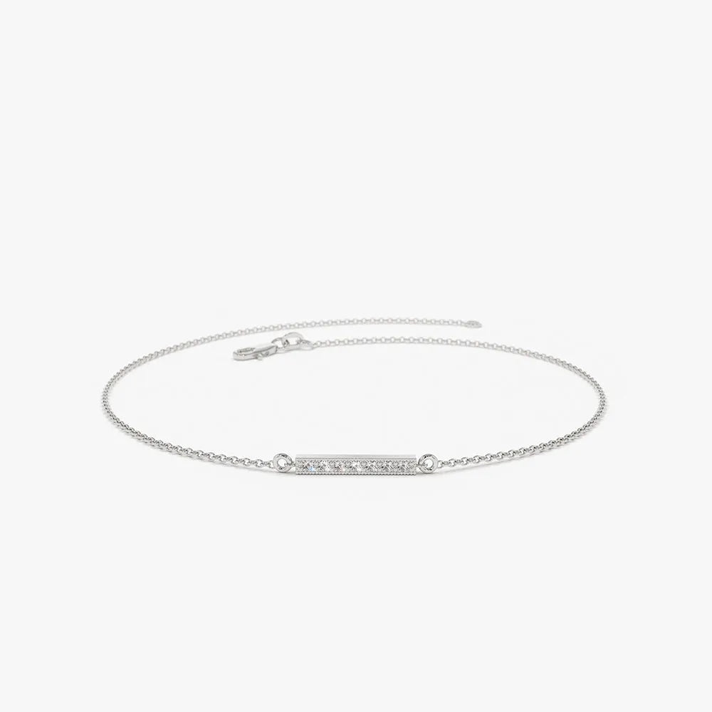 14K Solid Gold Round Diamond Bar Bracelet Micro Pave 0.09 Carat