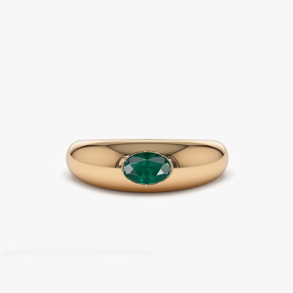 14K Solid Gold Oval Emerald Flush Set Dome Ring 0.49 CTW Handcrafted Jewelry